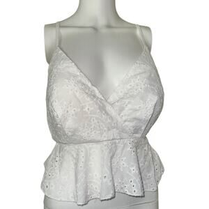 Broderie Anglaise white lacey eyelet plunging neckline cropped tank top large
